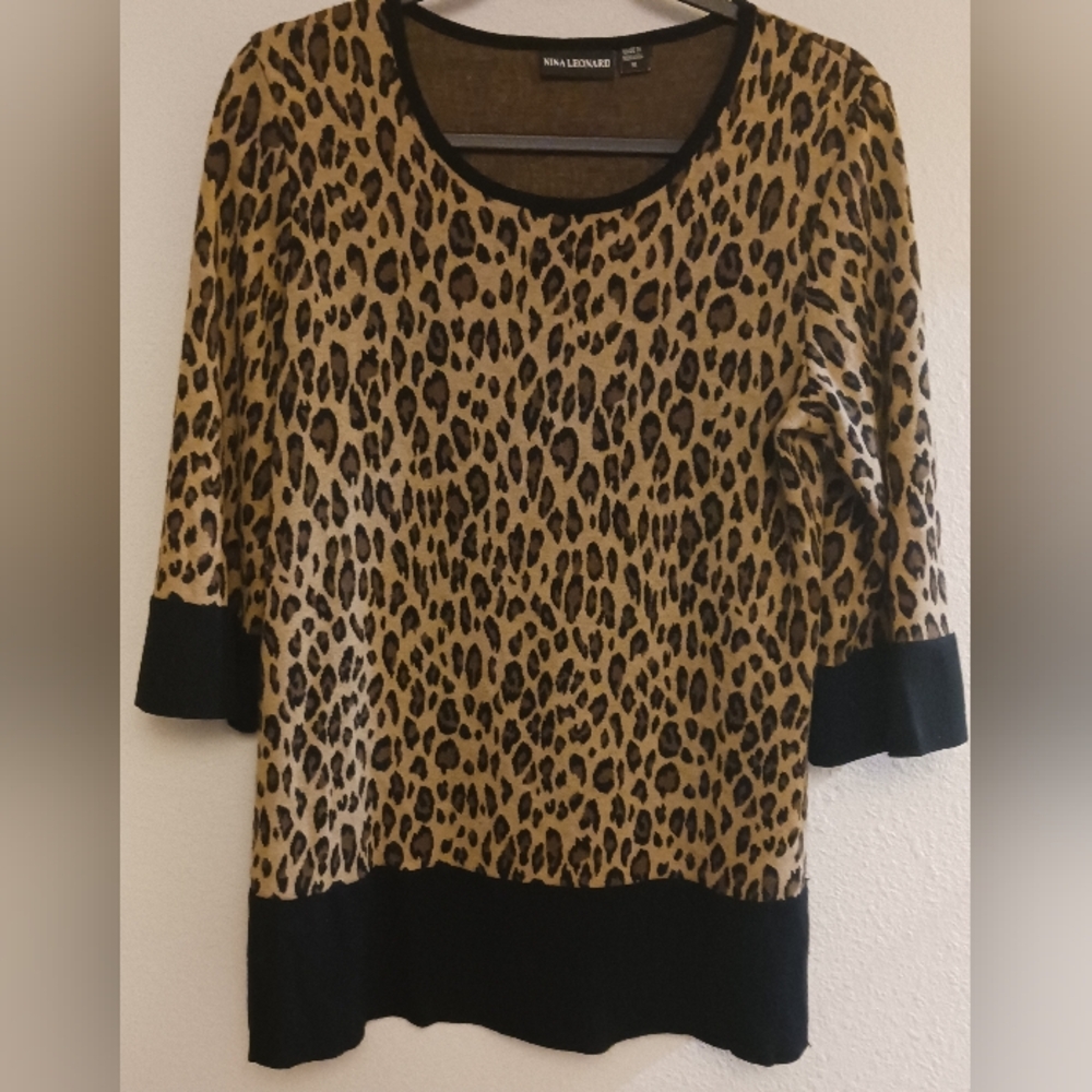 Nina Leonard Lite Sweater Animal Print Leopard Black Shirt Size Med NWOT